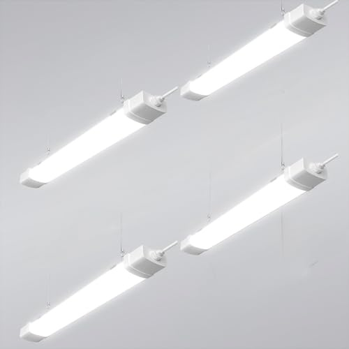 Viugreum Lot de 4 Réglette LED 120cm Connectable, IP66 Étanche 40W 4000LM Neutre Blanc 4500K, LED Lampe Fluorescente avec Chaîne Suspendue, Néon Led Garage Plafonnier pour Salle de Bain, Bureau
