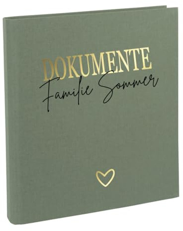 AWASG Dokumentenmappe Ordner - Personalisiert mit Namen - Ringbuch Leinen Familienordner zum Einsortieren von Unterlagen (Olive)