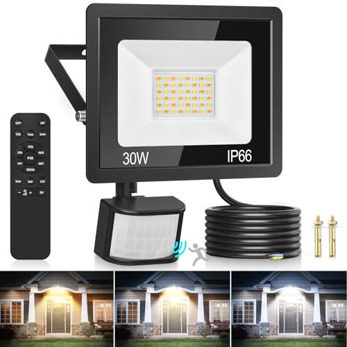 Security Lights Outdoor Motion Sensor, 25W 3 Colours PIR Security Light with Remote Control, 2100LM IP66 Waterproof Outside Lights Dimmable Floodlight Motion Sensor Lights Outdoor for Backyard, Garden