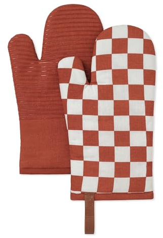 Folkulture Oven Gloves, Oven Mitts with Hanging Loop - Set of 2 (30x14) | Cute, Checkered Red, 100% Cotton, Silicone, Heat Resistant, Cooking Gifts for Women, BBQ, Baking, Kitchen Décor