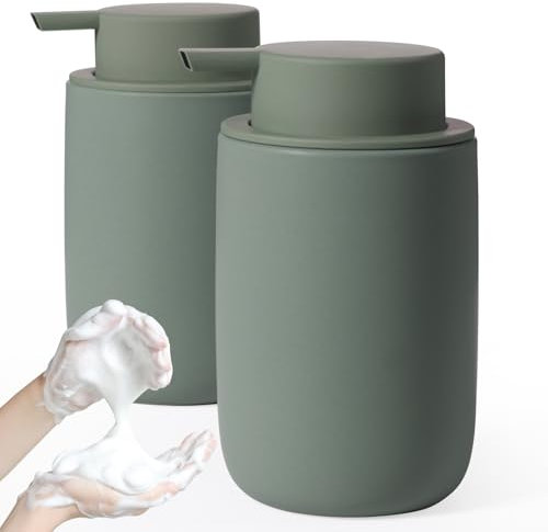 Autumnlife Dispenser di sapone in schiuma, 2 dispenser di sapone in ceramica, ricaricabile, con grande pompa ed etichetta, colore verde opaco, per cucina, bagno, piano di lavoro, 350 ml