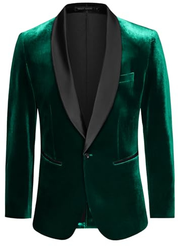 GRACE KARIN Blazers för män sammet sjal krage en knapp smal passform kostym jacka för bröllop bal fest, gRÖN, S