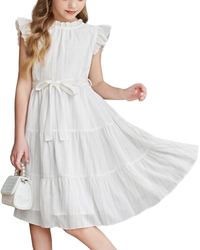 Arshiner Mädchen Kleid Weiß Sommerkleid Festlicheskleid Hochzeit Kleider Formelle Kinderkleid Einschulungskleid Abendkleid Kinder Freizeitkleid Blumenmädchenkleider mit Gürtel 7-8 Jahre