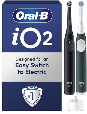 Oral-B iO Series 2 - Cepillo de dientes eléctrico, 2 unidades, 2 cabezales de cepillo, 3 modos de cepillado para el cuidado dental, tecnología magnética, diseñado por marrón, negro nocturno/verde