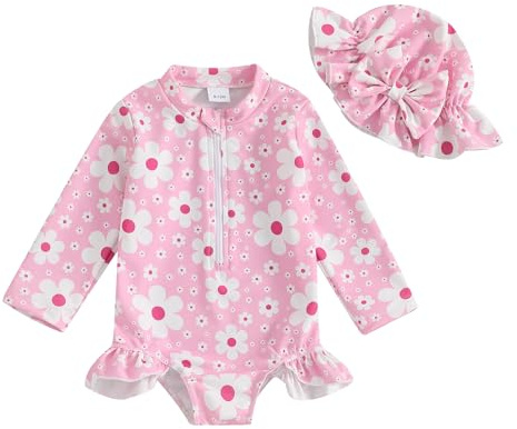 L&ieserram Toddler Girls Rash Guard Swimsuit Romper Long Sleeve Floral Print Baby Ruffles Bathing Suit Swimwear with Swim Cap (Pink, 2-3 Years)
