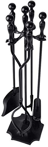 Lot de 5 outils de cheminée en fer forgé avec tisonnier, pelle, pince, brosse et support - Facile à assembler - Noir