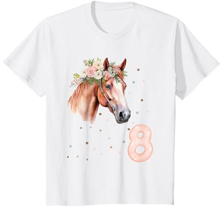 Kinder Charmantes Pferde Design mit Blumenkranz für 8. Geburtstag T-Shirt