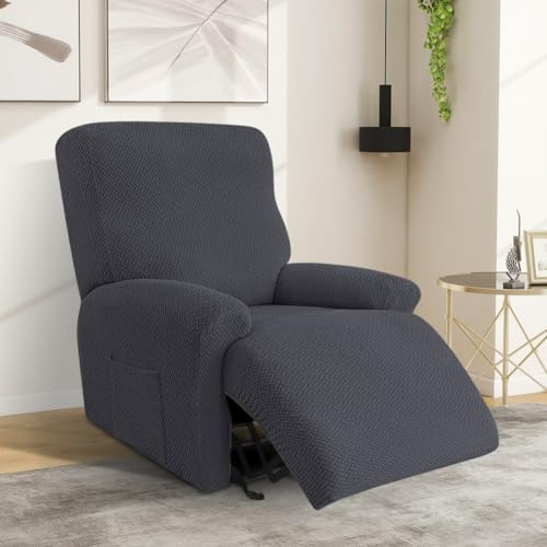Fouvin 4er-Set Stretch Sesselbezug mit Taschen – Einfarbiger Stretch-Bezug für Relaxsessel, Sesselschoner für Fernsehsessel & TV-Sessel, Armlehnenschoner für Sessel (Dunkelgrau)