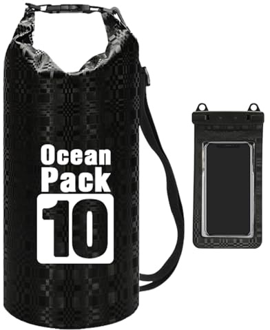 Dry Bags Wasserdichte, leichte Drybag, Outdoor-Rucksack, Seesack mit Schultergurten; Schwimm-, - und Bootstasche mit Handyfach (Rastermuster, 10 Liter), PVC, kariert, Eimer-Schulter, Schwarz