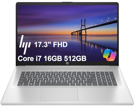 HP 17 Laptop (17.3 FHD, Intel 10-Core i7-1355U, 16GB RAM, 512GB SSD) for Business, Home, Students, Long Battery Life, Narrow Bezel, Numeric Keypad, Webcam, Wi-Fi 6, Fast Charge, Win 11 Home