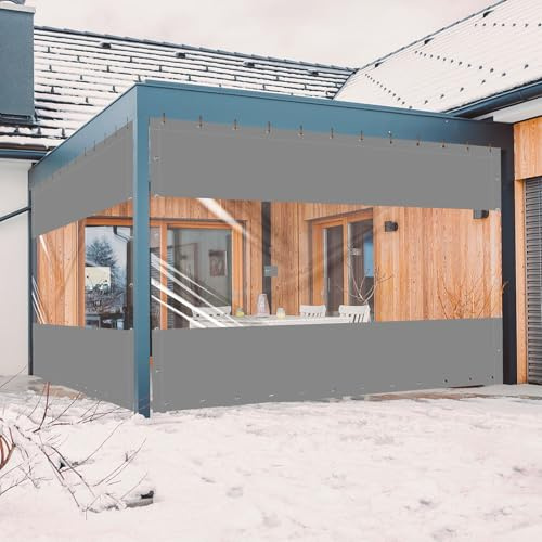 Ezcasch Telone da terrazza trasparente da 2,5 x 4,5 m (altezza x larghezza | PVC da 450 g/m², grigio chiaro, spessore 0,45 mm, con corda e fascette, protezione da pioggia, vento e polvere, per pergola