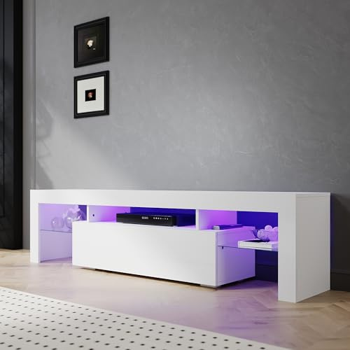 SIRHONA Meuble TV LED Blanc, Banc TV 180x35x45cm, Éclairage LED RGB avec Couleur réglable, Capacité de Charge 40 kg, Convient pour Salon ou Chambre