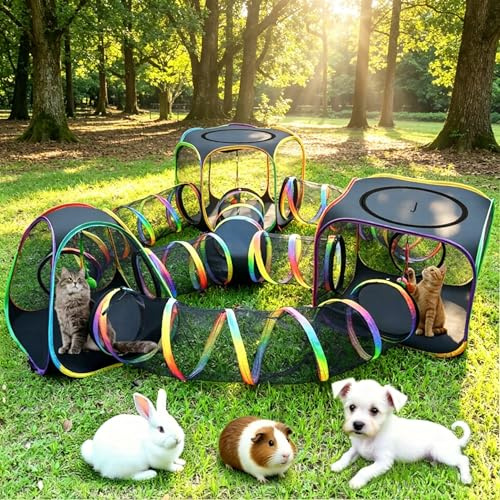 CypherX Outdoor Cat Enclosure, Portable Cat Tent with Tunnel Popup Catio | 7-in-1 modular design: 3 tents, 9.8 wide tunnels, scratch balls & storage bag. Durable setup for small animals & cats.