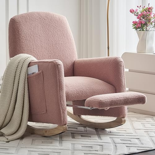 REXO Schaukelstuhl mit Hocker, Relaxsessel mit Ottomane, Schaukelstuhl für den Innenbereich mit hoher Rückenlehne für das Wohnzimmer, aus rosa Teddy-Stoff