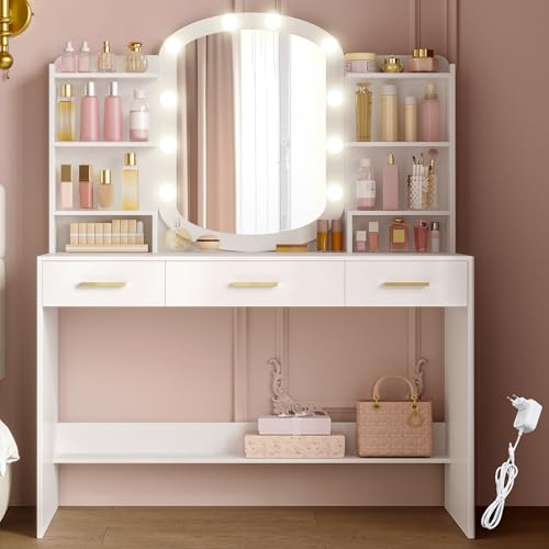 HEXCELEN 108 cm Coiffeuse avec Miroir Ovale, Blanc | Coiffeuse avec Miroir LED à Luminosité Réglable, Table de Maquillage, 3 Tiroirs avec 6 Étagères Ouverts