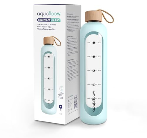 Aquafloow Bouteille d'eau en Verre Avec Horaire, Gourde Sans BPA 1 litre, Bouteille verre à eau Avec Bouchon Bambou étanche, Idéale Sport, Bureau, Voyage- Bleu clair