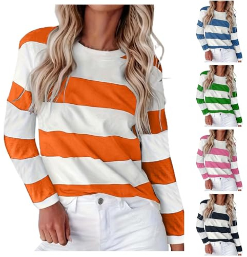 Maglietta a maniche lunghe da donna, in cotone, a righe, elegante, con elastico in vita, con scollo rotondo, moderna, maglietta termica, Colore: arancione., m