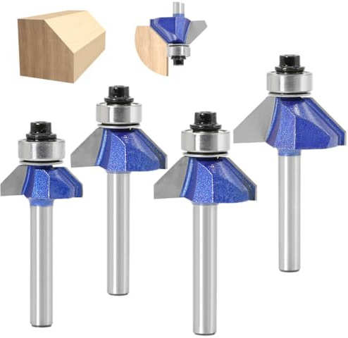 4 Stück 6mm Schaft 45-Grad Fasenfräser Hartmetall Bestückt Kanten Formende Fräser für Zimmerei Fasen Holzbearbeitung Trimmen, mit Anlaufkugellager