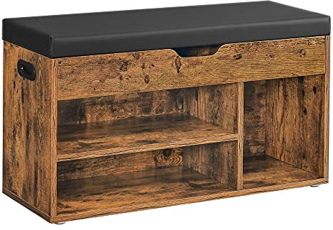 VASAGLE Banc à Chaussures Rembourré, Banc de Rangement, Rangement Caché, Étagères, Meuble d'Entrée, Capacité de Charge 136 kg, 30 x 80 x 44 cm, Marron Rustique et Noir d’Encre LHS30BX