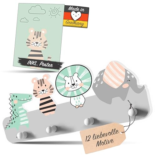 Kindsblick ® Junglefreunde Kindergarderobe in Grau inkl. niedlichem A4 Poster - Garderobe Kinder Edition mit 4 Haken - Wunderschöne Kinder Garderoben Deko - Kindergarderobe Maße (38 x 15 x 1 cm)