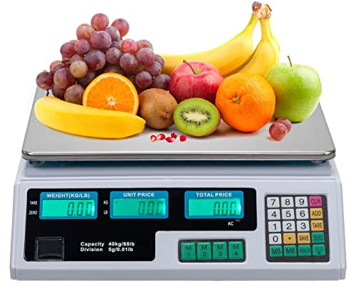 Bonnlo 88LB 40KG Deli Electronic Commercial Price Computing Scale w/LCD Display, Stainless Steel Platform & Charging Cable for Store, Kitchen, Restaurant Market, Food, Meat, Fruit(Silver & White)