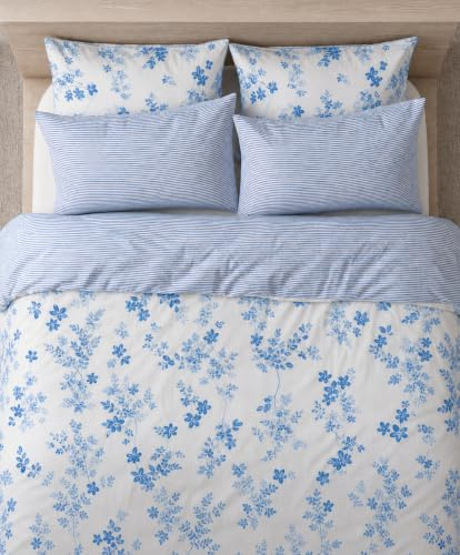 LERUUM Bettwäsche 200X200 Set Baumwolle Wendebar Blumen Streifen Blau Weiß Bettbezug mit 2 Kissenbezugen (200 x 200 + 2 (65 x 65)