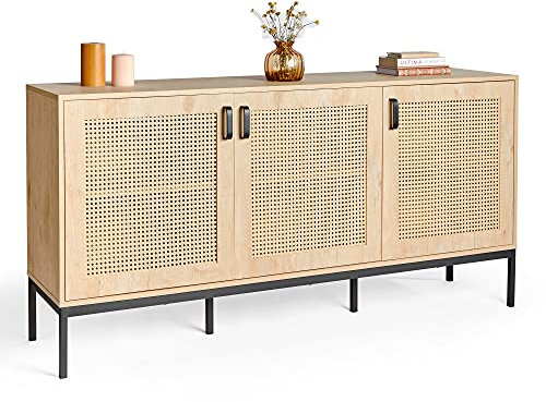 VonHaus Rattan Sideboard - Wide 3 Door Storage Cabinet for Living Room - Large Wicker Fronted Storage Unit & 6 Shelves - Light Wood Effect Industrial Scandi Style Sideboard for Lounge & Hallway - Lena