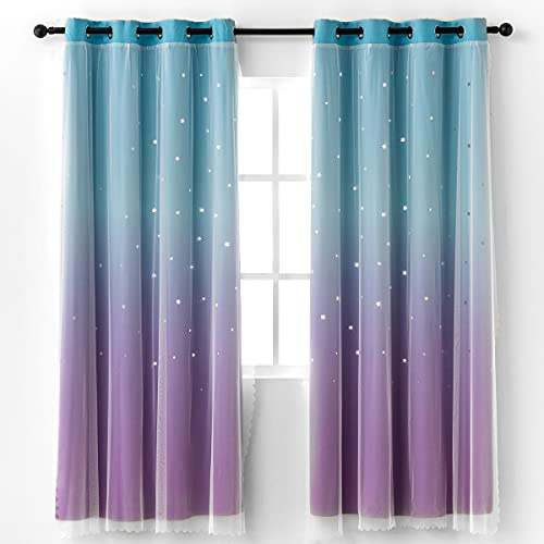 Reepow Kids Room Curtains with Hollow-Out Star and Tulle Overlay, Blue Purple Ombre Blackout Curtains for Boys Girls Bedroom - 52 x 63 x 2 Panels