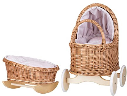e-wicker24 Alles aus Weide Puppenwagen und Puppenwiege aus Weide mit Bettwäsche in Pink perfekte Geschenkidee schöner Spielzeug aus Korbgeflecht (Pink)