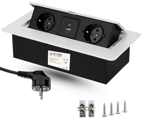 EVOTRADE Versenkbare Steckdosenleiste mit 2 Schuko-Steckdosen + 2 USB-Steckdosen (A+C), 1,5 m langes Kabel – für Schreibtisch, Büro, Konferenzraum, Arbeitsplatte – Farbe Weiß