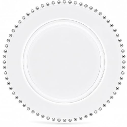 Trimming Shop Dekorative Ladegerät-Teller für Partys, silberfarbene Perlen-Design, Glasteller für Esstischdekoration, Geburtstag, Party, Geschirr, Catering-Events, 33 cm, transparent, 1 Stück