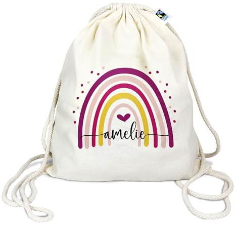 Manilu Bio Turnbeutel mit Namen personalisiert & Bedruckt | Motiv Regenbogen | Stoffbeutel Schuhbeutel Sportbeutel Wäschebeutel Rucksack für Kinder Jungen & Mädchen | inkl. NAMENSDRUCK