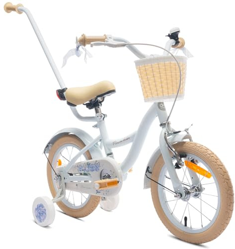 sun baby FLOWER BIKE Barncykel för en flicka 14 tum, Flickcykel 2-6 år, Cykel för barn med stödhjul, pushbar, justerbar sadel och styre (Ljusblå)