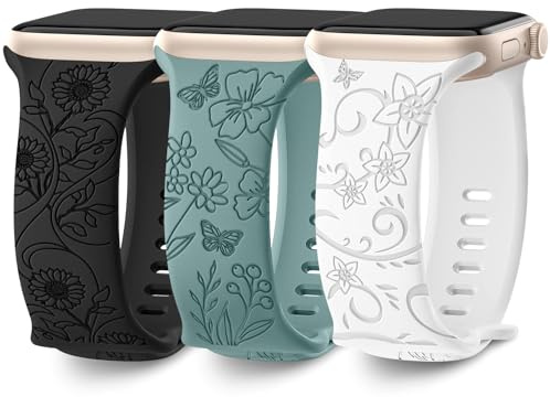 AMSKY 3 Pièces Floral Gravés Bracelets Compatible avec Bracelet Apple Watch 40mm 44mm 42mm 46mm 41mm 45mm 38mm 49mm Femme, Silicone Compatible avec iWatch Serie 11 10 9 8 7 6 5 4, SE 3 2 1