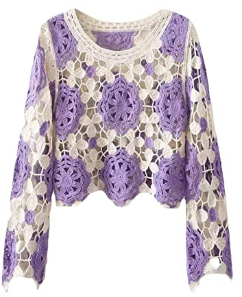 Alaurbeauty Crochet Top da donna a maglia a maniche lunghe Hollow Out all'uncinetto, maglione sexy a maniche lunghe, Y2K, stile vintage, elegante, per donne e ragazze