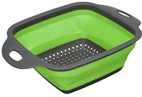 QUARKZMAN Colador Plegable, Silicona Cuadrado Colador Plegable con Mango Espacio Ahorro Adecuado para Pasta, Verduras, Frutas - Verde Pequeño