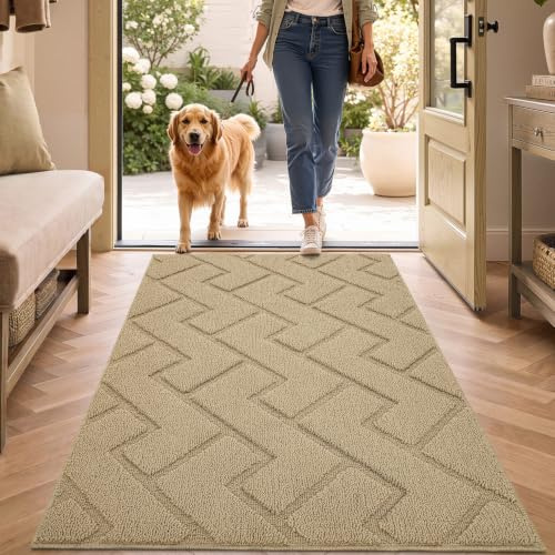 Biscpro Fußmatte Innen Außen Waschbar eingangsteppich innen Schmutzfangmatte rutschfest,Türmatte Innen Teppich für Eingang, Patio, Flur, Garten, Innen und Außen (Beige,80x120cm)
