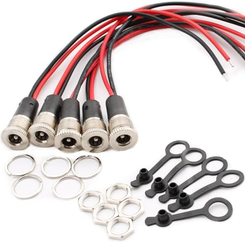 RUNCCI-YUN 5Pcs DC Power Jack Socket 5,5 X 2,5 mm,Weiblich DC 12V 10A Hohlstecker DC Buchse Panel Mount Set, Niedervolt Steckverbinder 5,5 MMX 2,5mm (Mit Kabel 15cm) +5X Gummi Schutzklappen