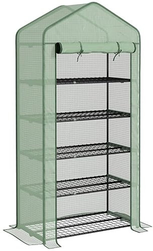 Outsunny 5 Tier Widened Mini Greenhouse with Reinforced PE Cover, Portable Indoor Outdoor Green House with Roll-up Door and Wire Shelves, 90 x 49 x 193cm, Green