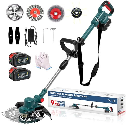21V Rasentrimmer mit Akku Elektrischer Unkrautvernichter Kabellos, 750W Bürstenloser Motor, Batteriebetrieben mit 4,0Ah Batterien &