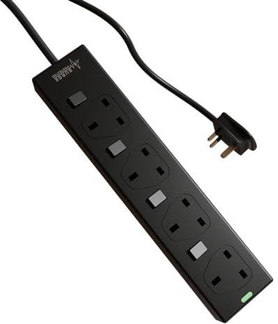 rhinocables 4 Gang Individually Switched Mains Extension Lead (1m, Black) | Surge Protected Power Strip, Wall Mountable, BS1363/A Compliant, Black, Plastic