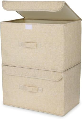 Homsorout Foldable Storage Boxes with Lids - Wardrobe Organiser Bin with Handle Fabric Basket Containers for Clothes, Book, Shelf, Office, Large x2-23.75L, Beige Yellow
