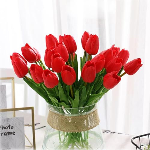 Fxkoolr Künstliche Tulpen, rote Tulpen, fühlen sich echt an, künstliche Tulpen, Blumen für Zuhause, Tischdekoration, Hochzeitsstrauß, Party, Babyparty, Tafelaufsätze, Brautstrauß, Dekoration, 20 Stück
