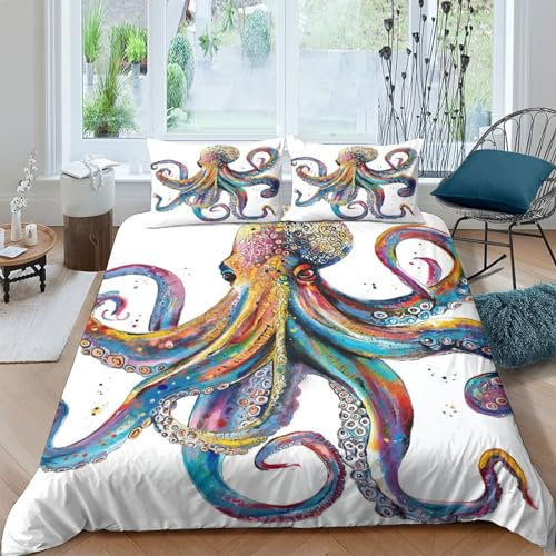 HMLTD Polpo d'alto mare Copripiumino Set Copripiumino 3D Stampa Digitale Motivo animale 3 Pezzi Con Cerniera E Federe Set Di Biancheria Da Letto Microfibra Morbido Per Bambini King（220x240cm）