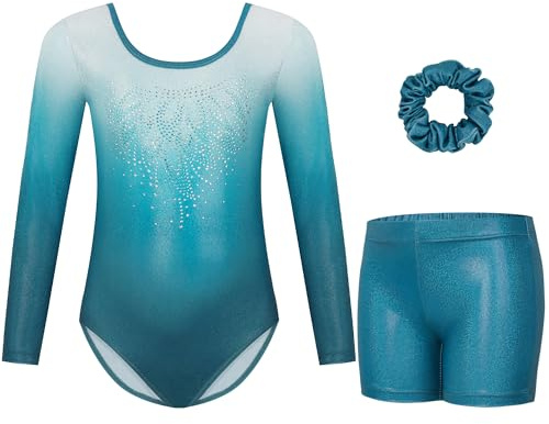 Gogokids Mädchen Dreiteilige Gymnastikanzüge, Langärmliges Gymnastik Set mit Shorts und Haarband, Glitzernde Balletteinheitstrikots - Gymnastik Outfit mit Farbverlaufdesign für 3-12 Jahre