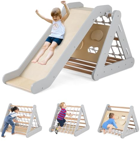 GYMAX 3 in 1 Scala di Arrampicata per Bambini, con Rete di Arrampicata, Tavola e Scala di Arrampicata e Scivolo, Struttura a Triangolo in Legno per Uso Interno (Grigio)