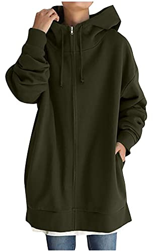 Huvjacka lång dam stora storlekar – överdimensionerad huvtröja jacka dam basic tröja med dragkedja ficka zip up sweatshirt enfärgad collegejacka utomhusjacka övergångsjacka huva, Armégrön, XL