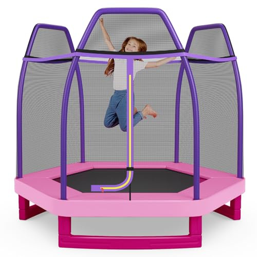 COSTWAY Trampoline Extérieur Ø 223cm Enfants avec Filet de Sécurité, Trampoline de Jardin Rond avec 6 Poteaux Recouvert de Mousse, Tapis de Saut, Charge150KG pour 2-3 Enfants de 3 Ans+ (Rose)