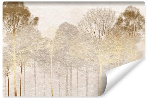 Muralo Tapete Vlies 3D, Goldene Bäume, Beton-Optik, Kunstdruck - 300x210 cm | Beeindruckendes 3D-Design, hochauflösender Druck - ideal für Wohnzimmer und Schlafzimmer, Ein außergewöhnliches Raumerlebnis