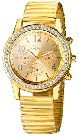 Silverora Damenuhren Elastische Diamant Golduhr: Leicht Ablesbare Analog Quarz Uhren Damen mit Leuchtende Zeiger Sonnenmuster DREI Augen Dekoration Armbanduhren mit Edelstahl Stretchband Gold